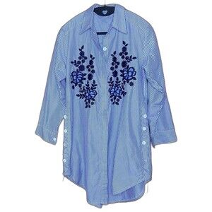 Tunic Embroidered Button Down Shirt Stripe Floral 3/4 Sleeve Womens M Blue White